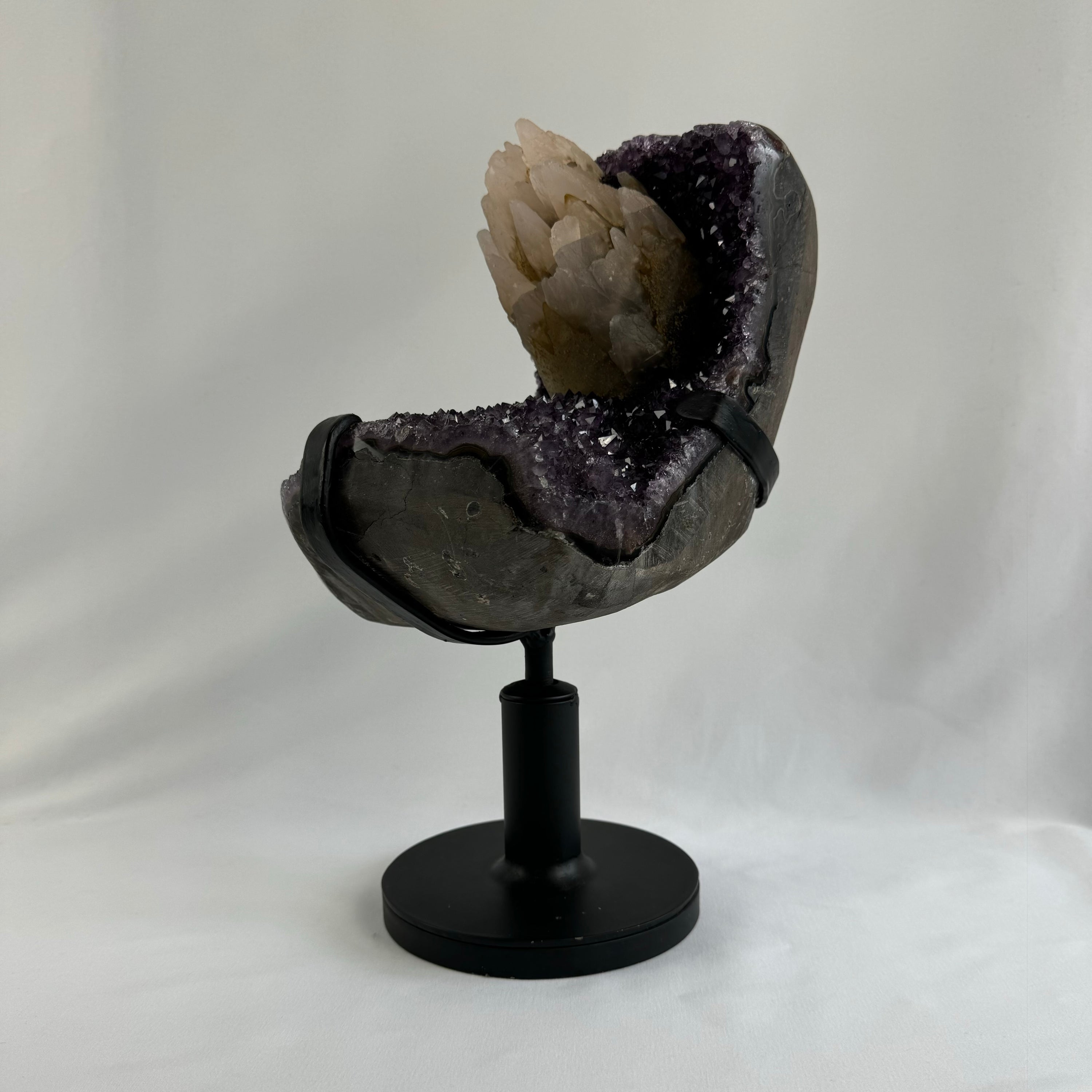 Amethyst cluster with calcite - natural, Brazil, view 2 - The Crystal Showroom