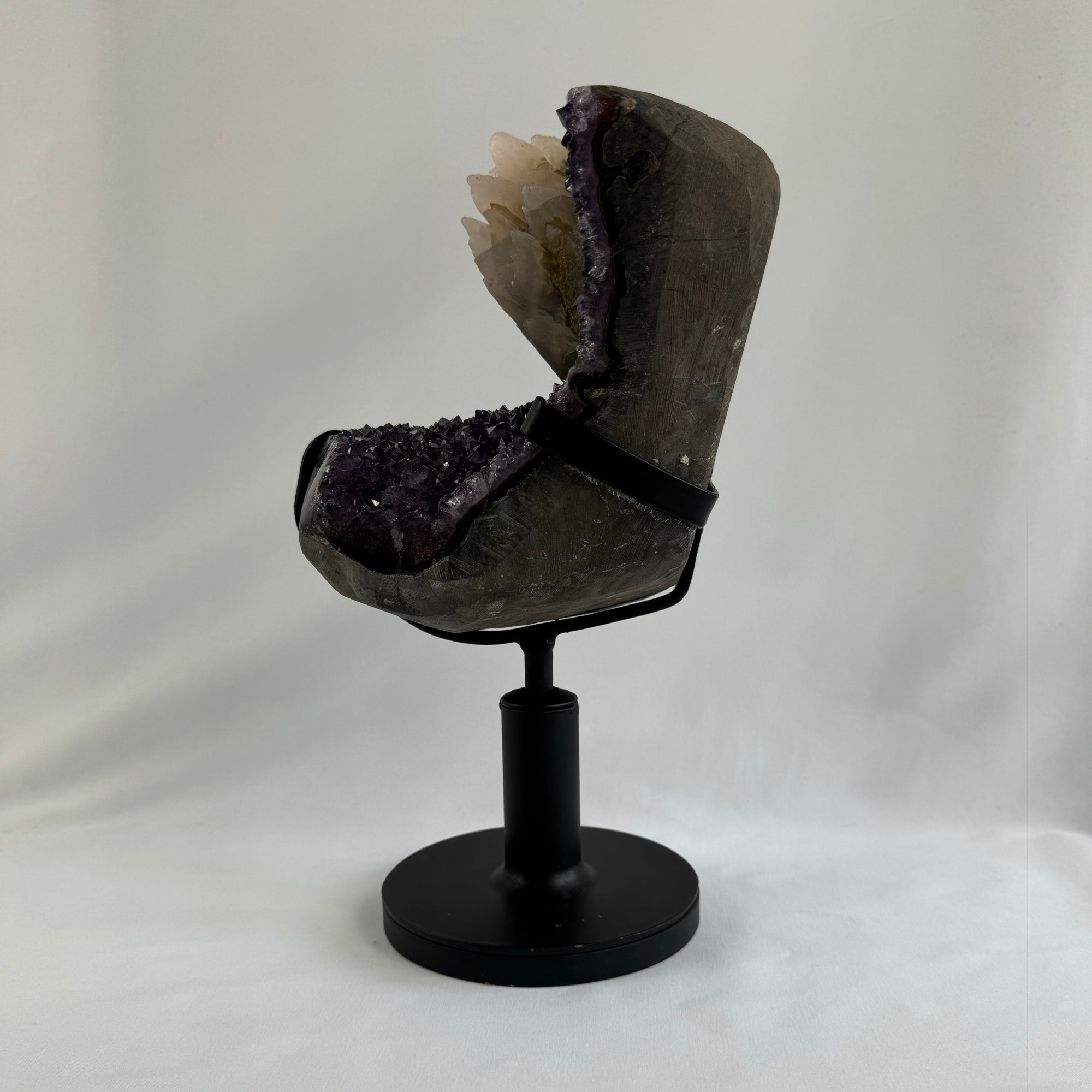 Amethyst cluster with calcite - natural, Brazil, view 3 - The Crystal Showroom