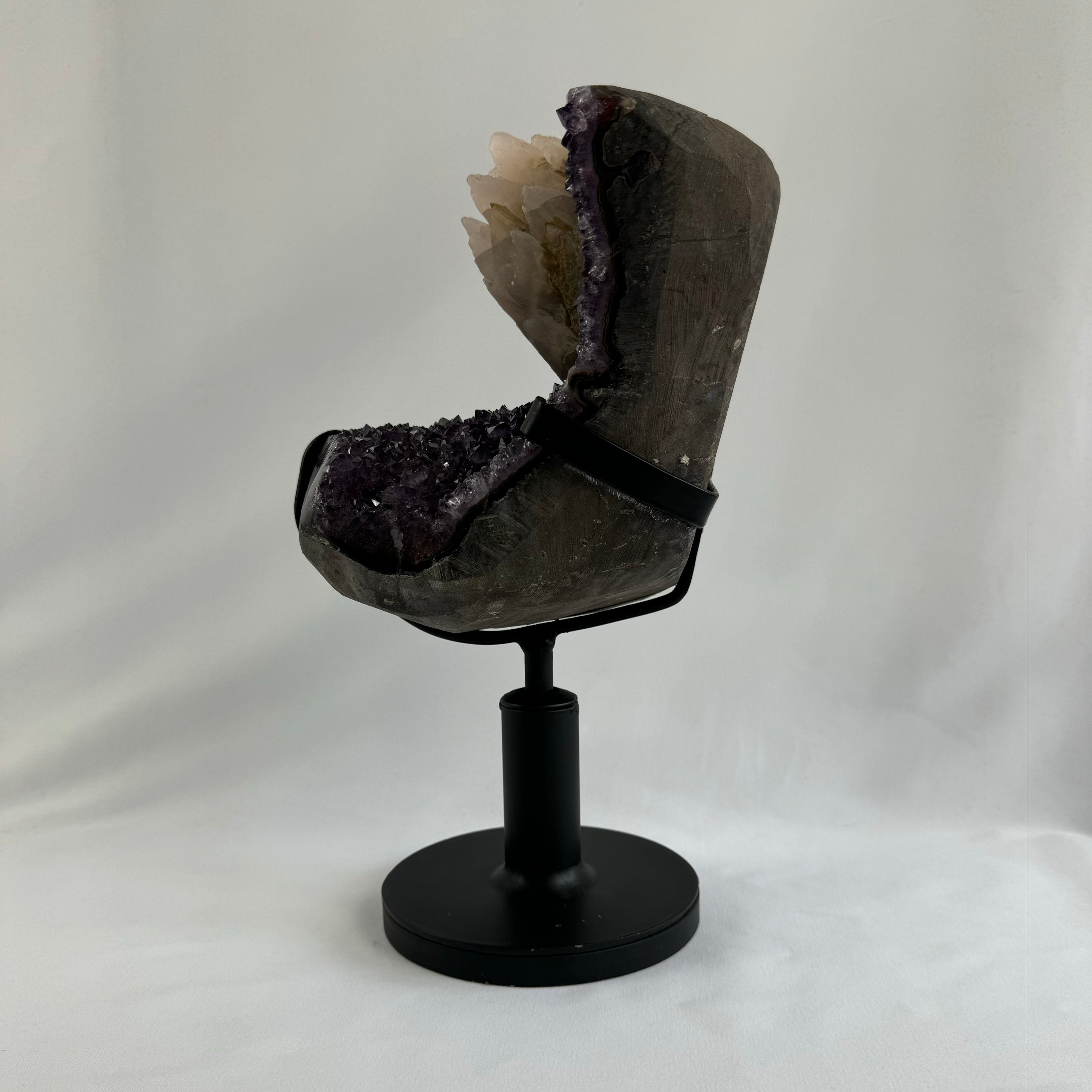 Amethyst cluster with calcite - natural, Brazil, view 3 - The Crystal Showroom