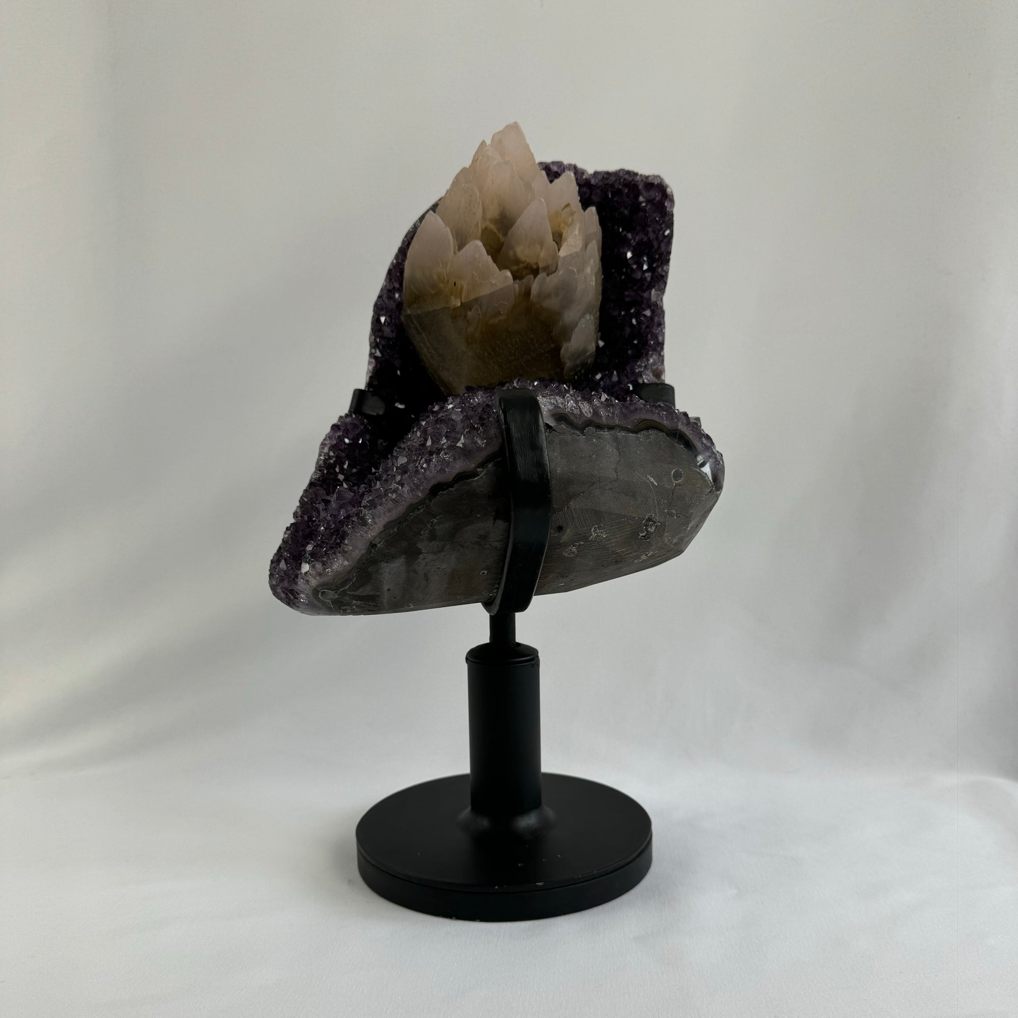 Amethyst cluster with calcite - natural, Brazil - The Crystal Showroom