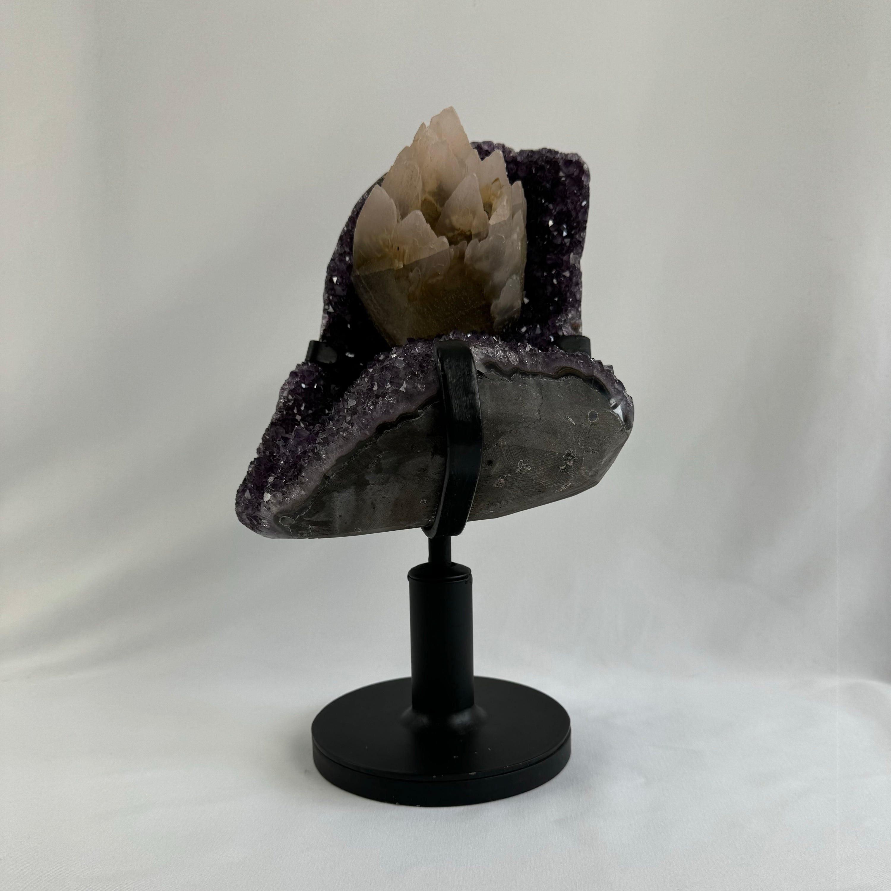 Amethyst cluster with calcite - natural, Brazil - The Crystal Showroom